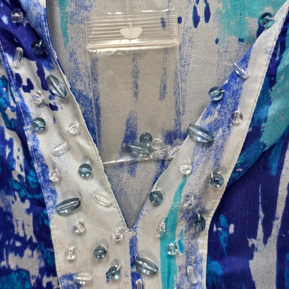 Soft Surroundings Abstract All Silk Beaded Tunic Blouse Womens M Sheer Blue New - Picture 3 of 13